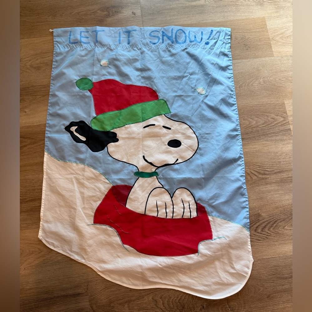 Peanuts Snoopy Appliqué Let it snow snoopy sledding in dog bowl 28x40 flag